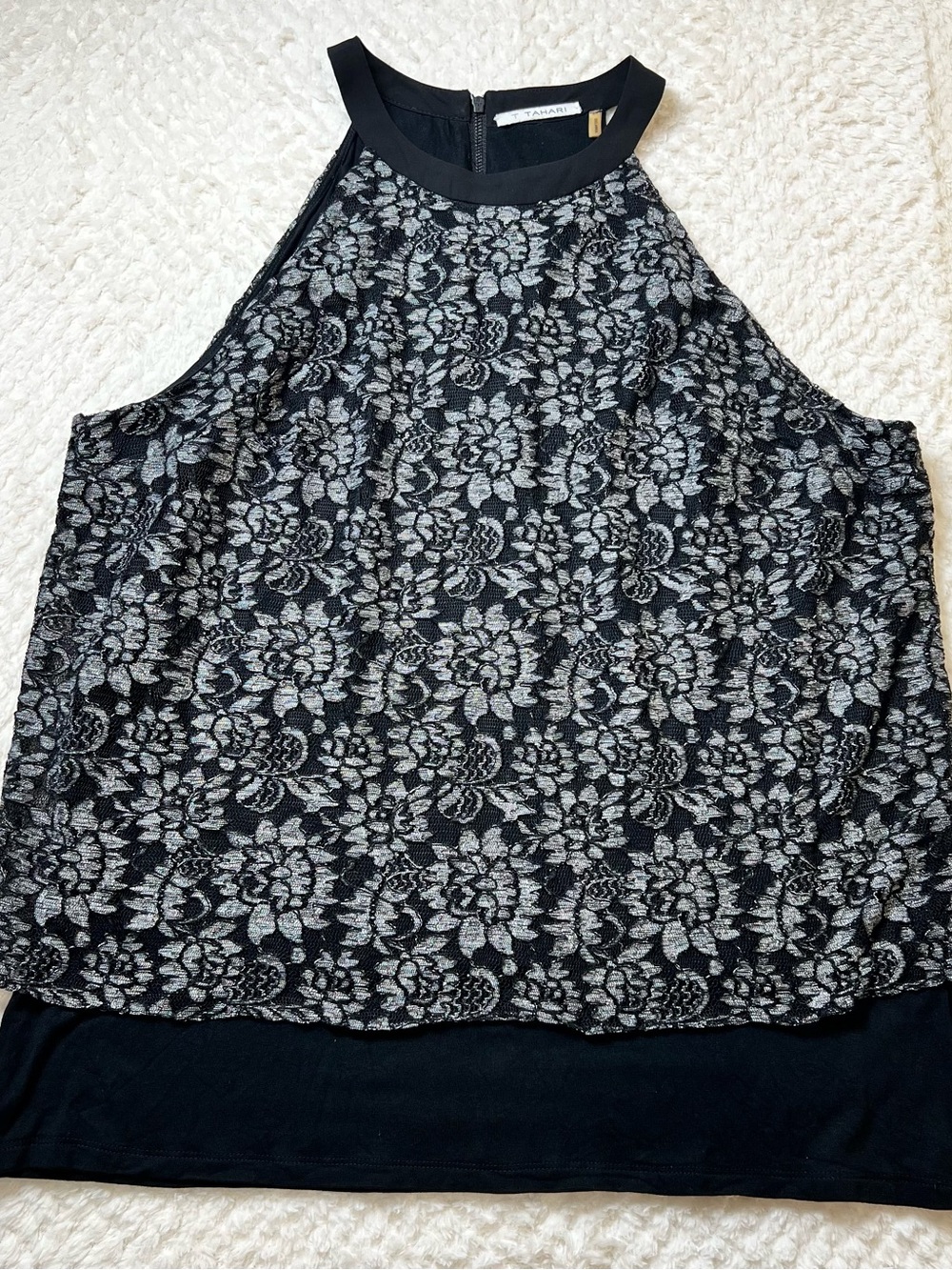 Tahari Black Halter Lace-Overlay Blouse w/ Silver Floral Detail Romantic Dressy